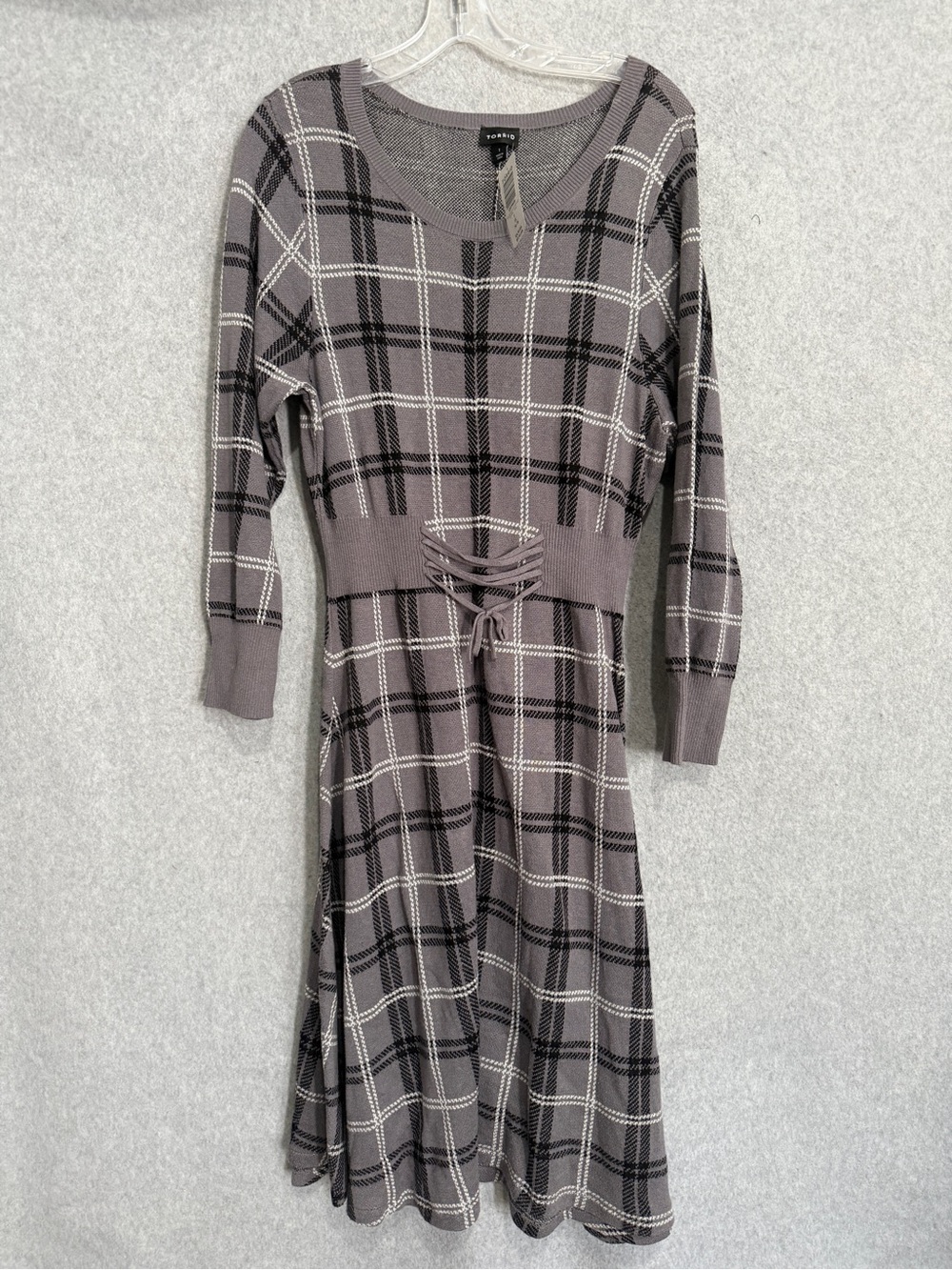 NWT torrid Gray Plaid Long Sleeve Knit Midi Dress with Waist Tie SZ 1